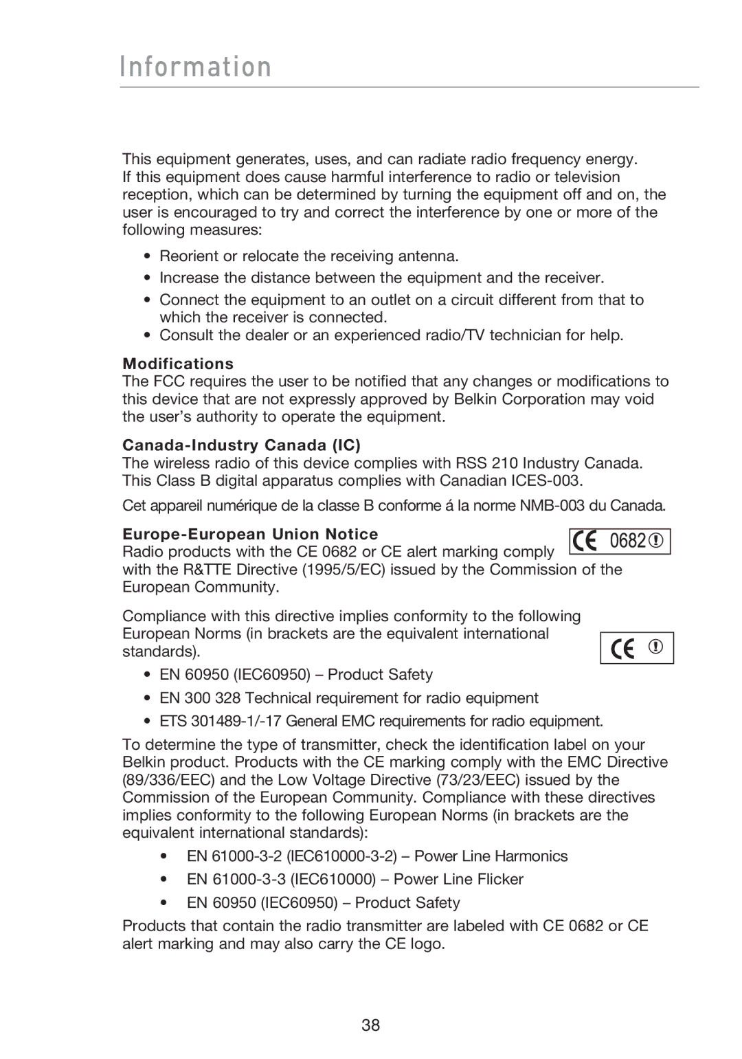 Belkin P74471EA-B manual Information, Modifications, Canada-Industry Canada IC, Europe-European Union Notice 