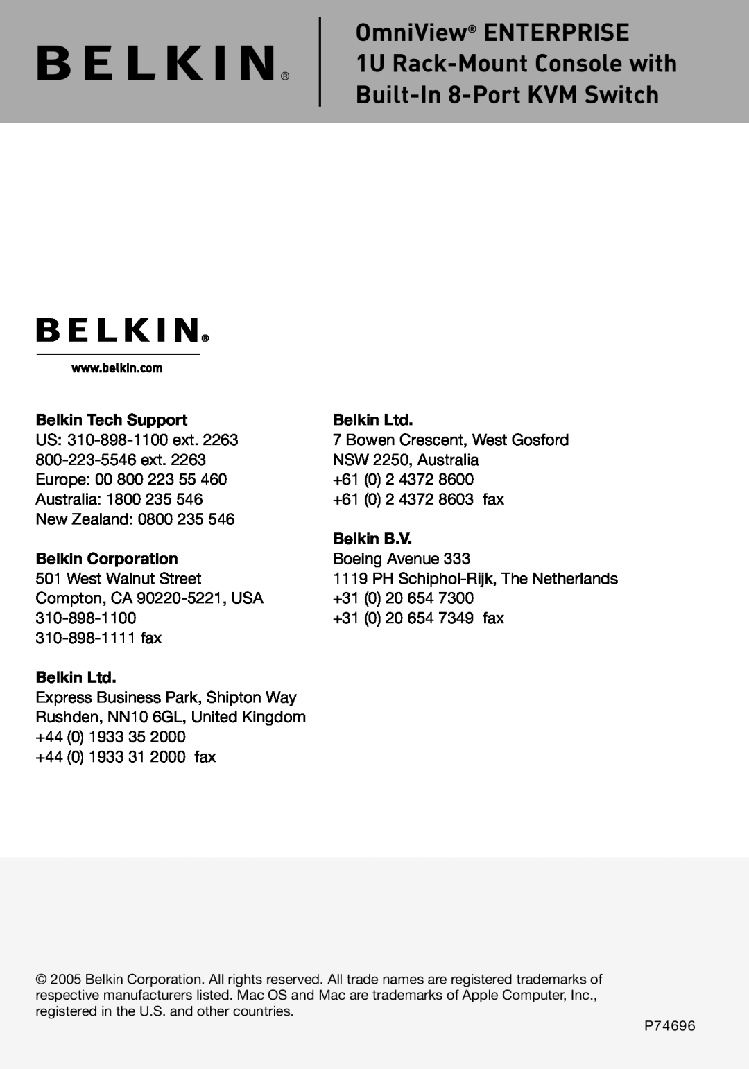 Belkin P74696 manual OmniView ENTERPRISE, 1U Rack-Mount Console with Built-In 8-Port KVM Switch 