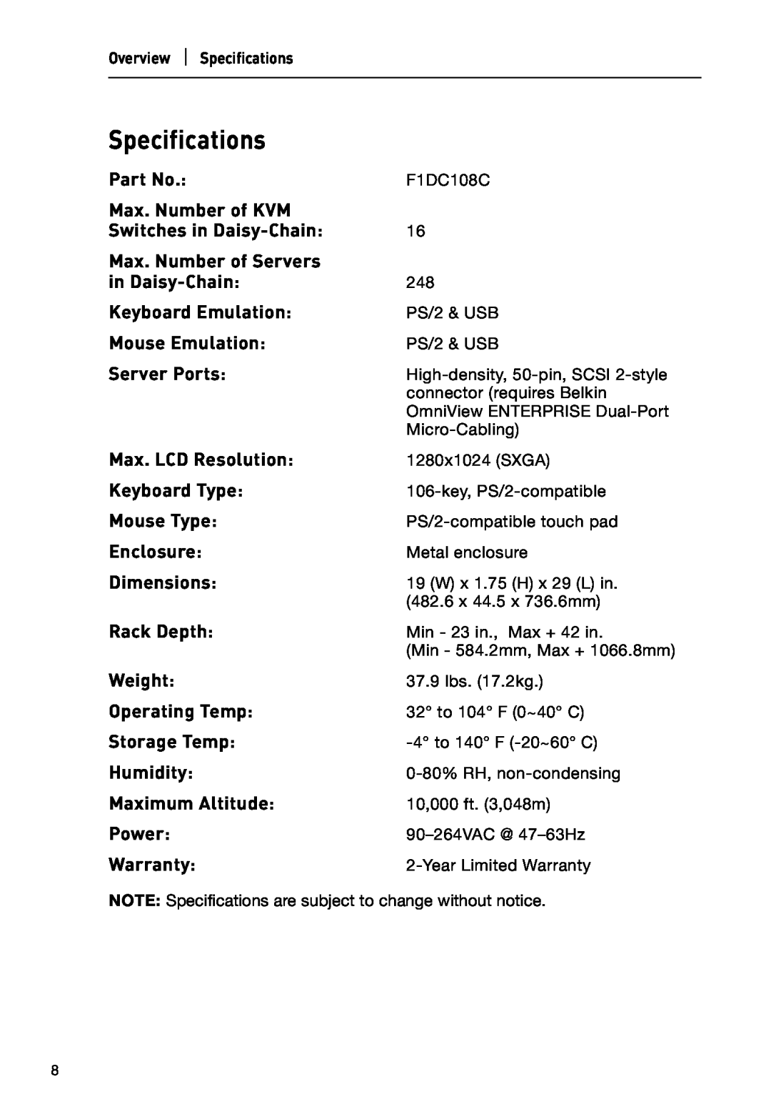 Belkin P74696 Specifications, Max. Number of KVM, Switches in Daisy-Chain, Max. Number of Servers, Keyboard Emulation 