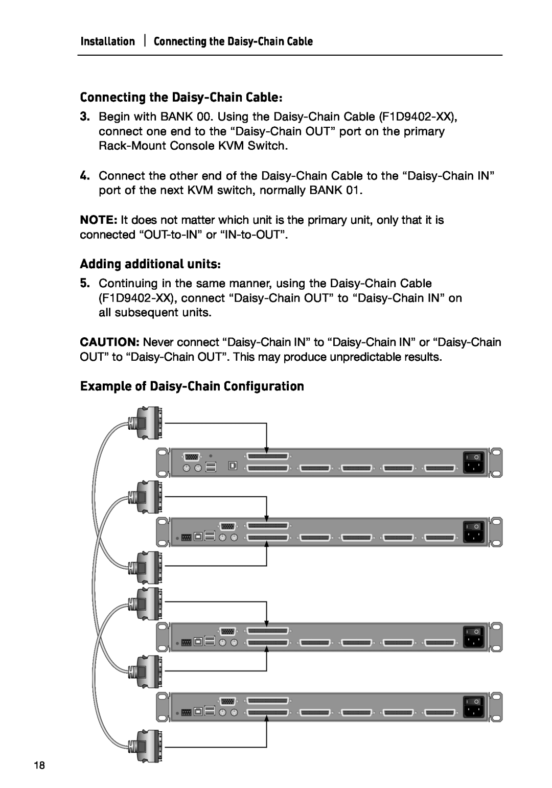 Belkin P74696 manual Connecting the Daisy-Chain Cable, Adding additional units, Example of Daisy-Chain Configuration 