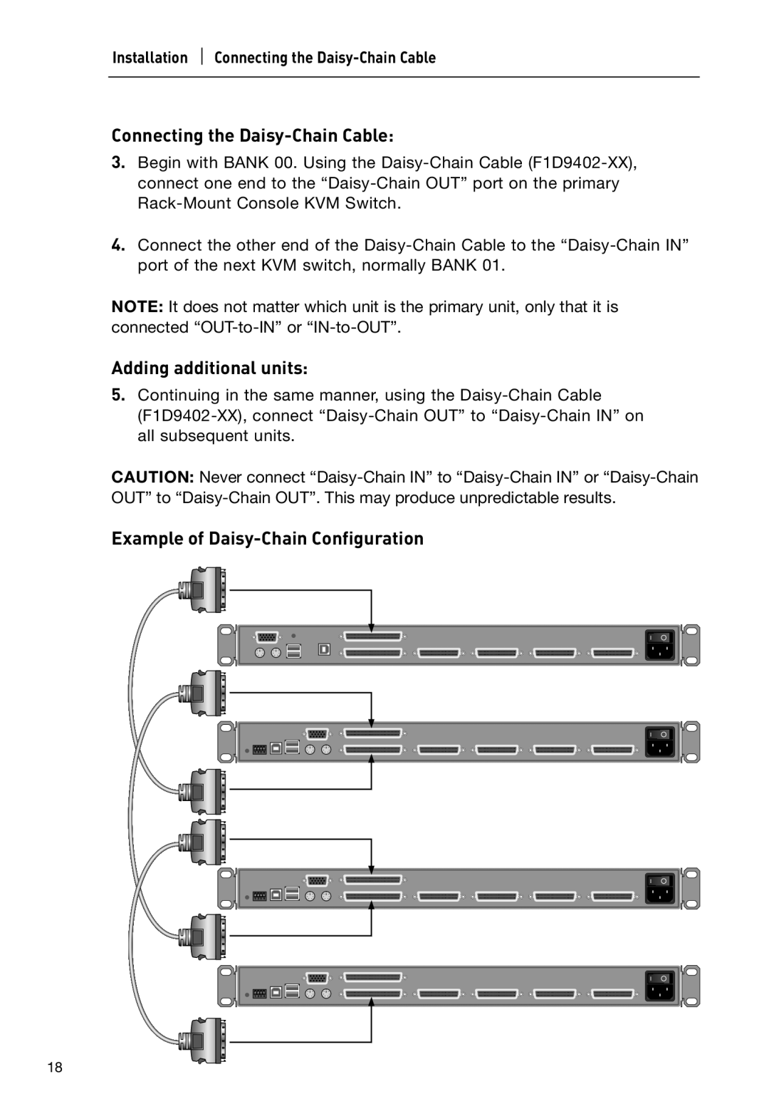 Belkin P74696 manual Connecting the Daisy-Chain Cable, Adding additional units, Example of Daisy-Chain Configuration 