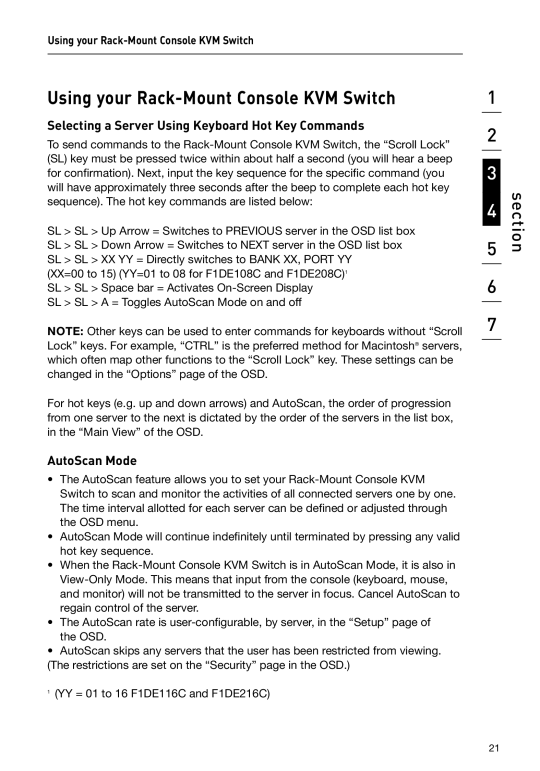 Belkin P74696 Using your Rack-Mount Console KVM Switch, Selecting a Server Using Keyboard Hot Key Commands, AutoScan Mode 