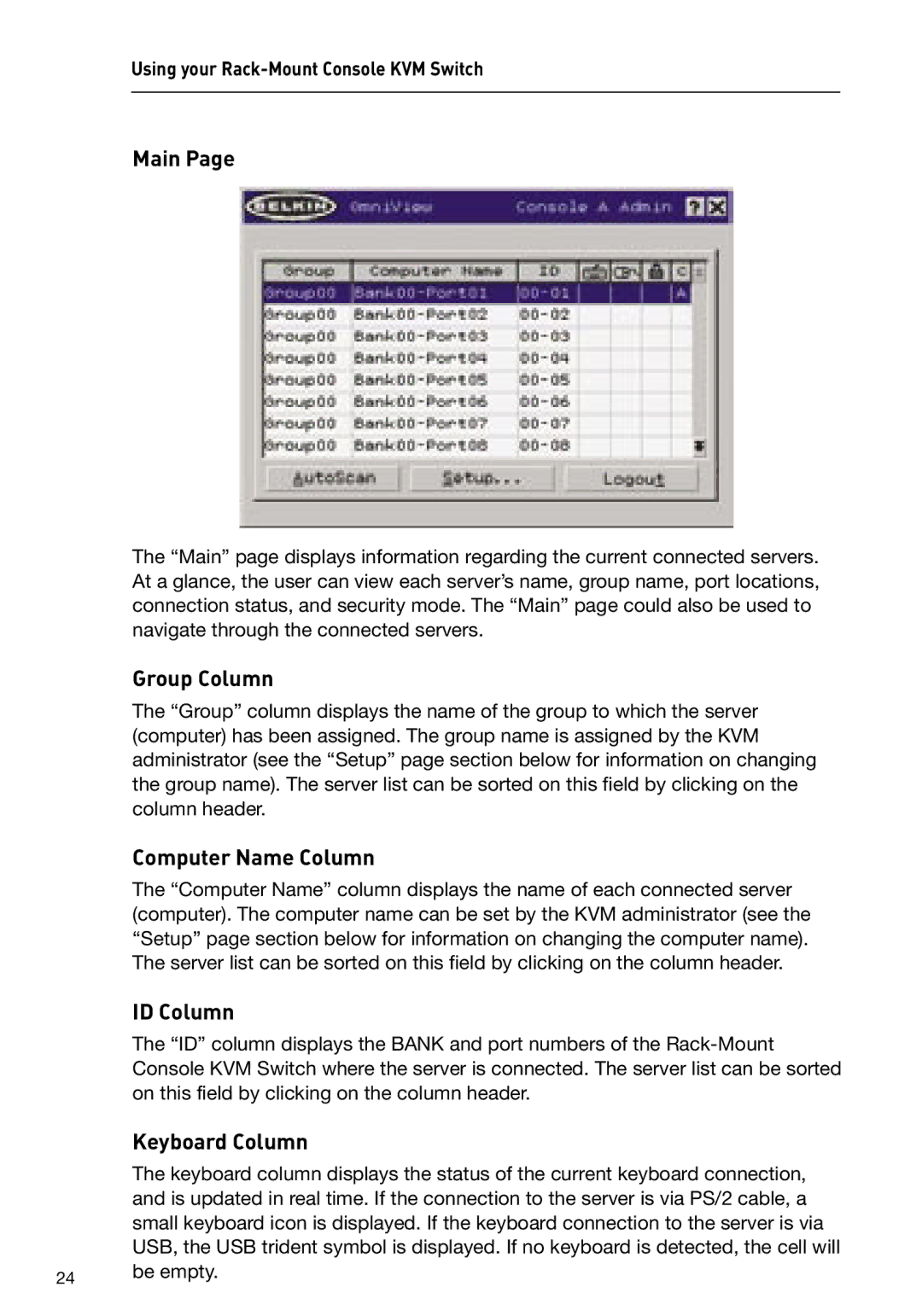 Belkin P74696 manual Main, Group Column, Computer Name Column, ID Column, Keyboard Column 