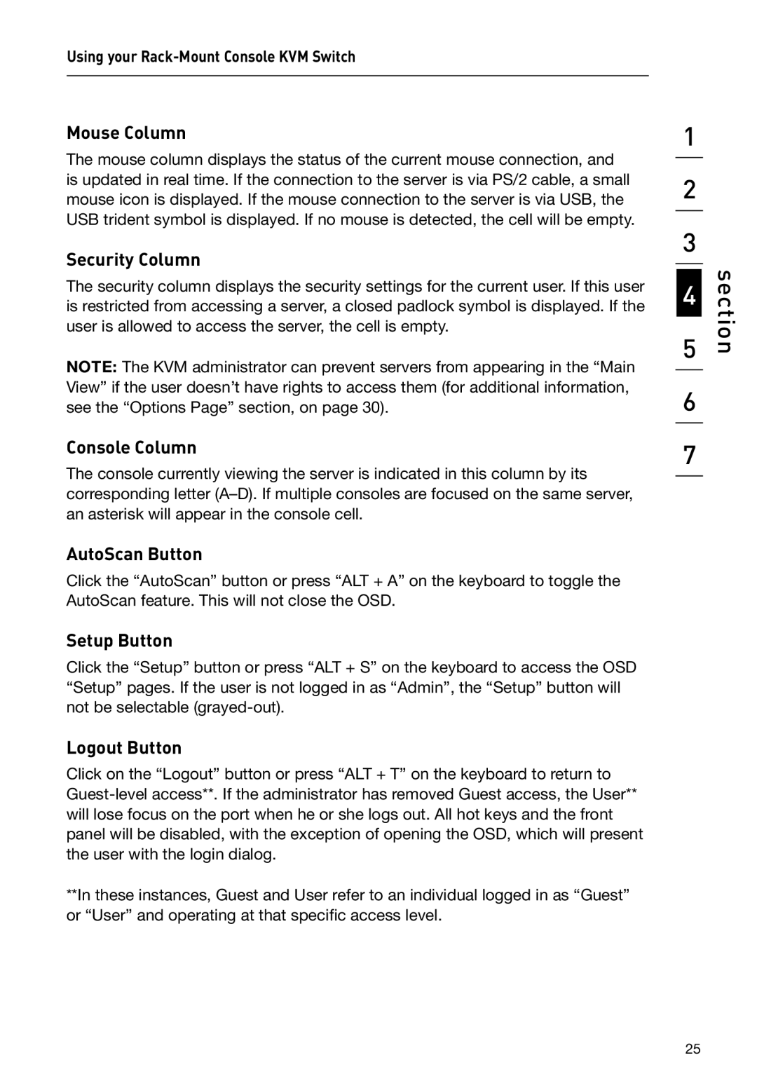 Belkin P74696 manual Mouse Column, Security Column, Console Column, AutoScan Button, Setup Button, Logout Button 
