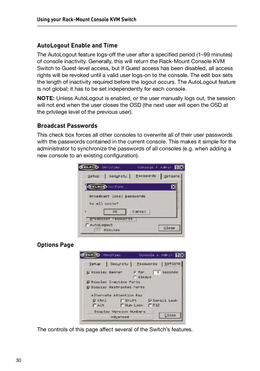 Belkin P74696 manual AutoLogout Enable and Time, Broadcast Passwords, Options 