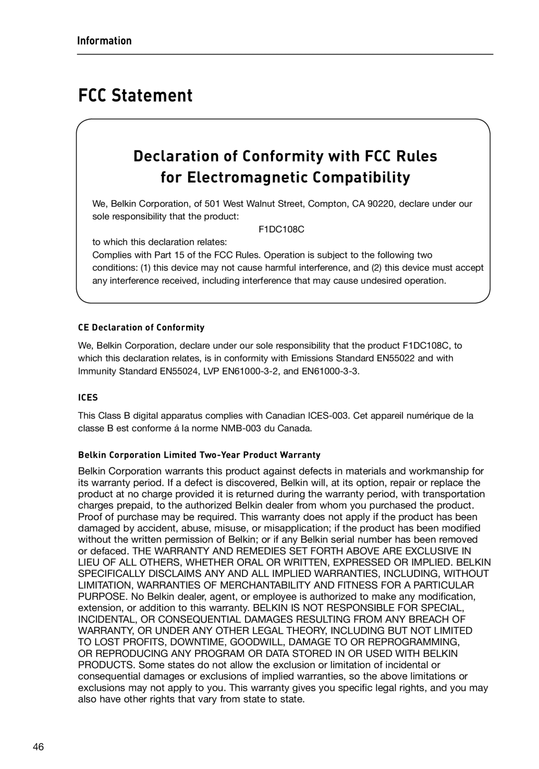 Belkin P74696 manual FCC Statement, CE Declaration of Conformity 