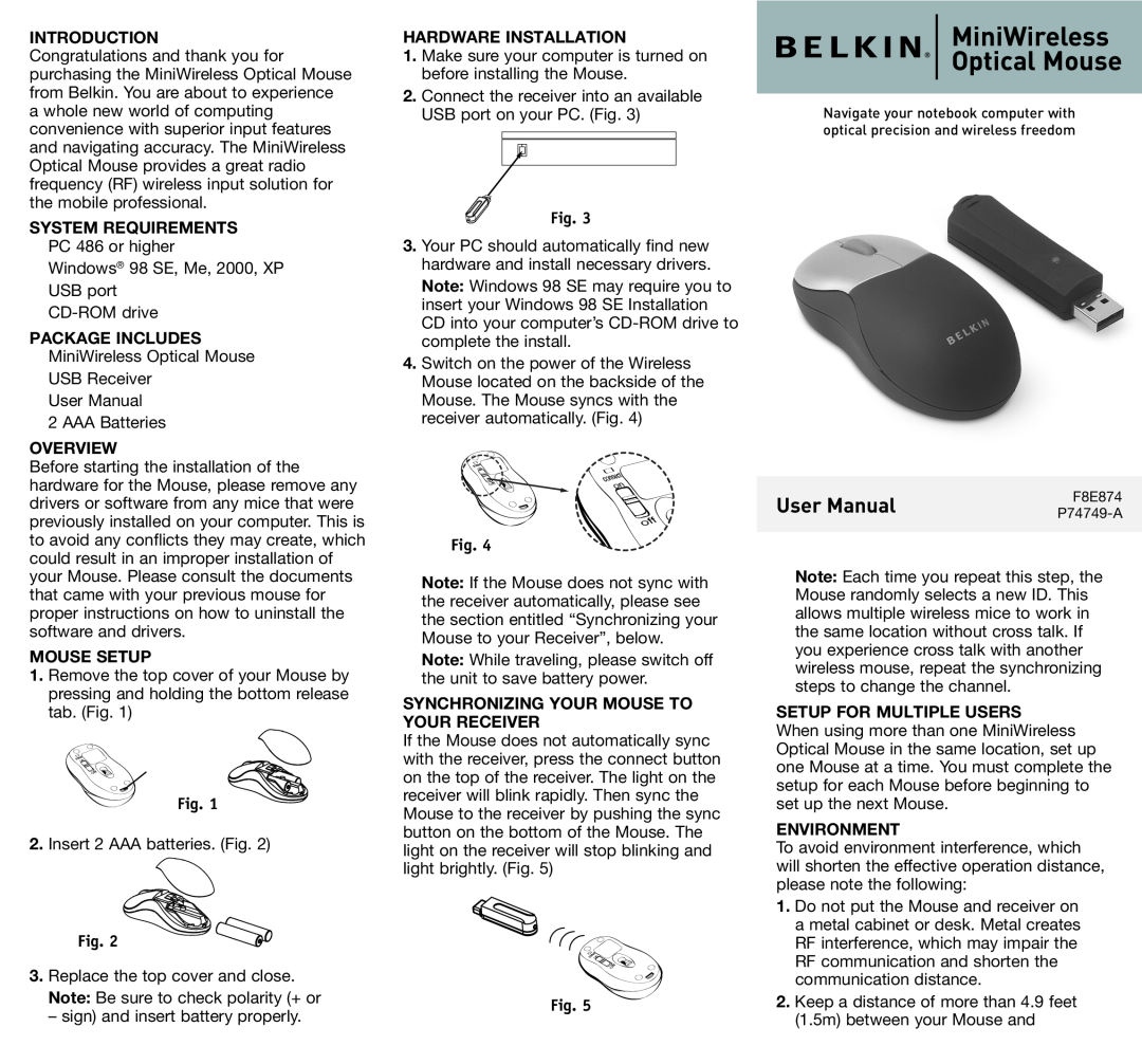 Belkin F8E874 user manual Introduction, System Requirements, Package Includes, Overview, Mouse Setup, Environment 
