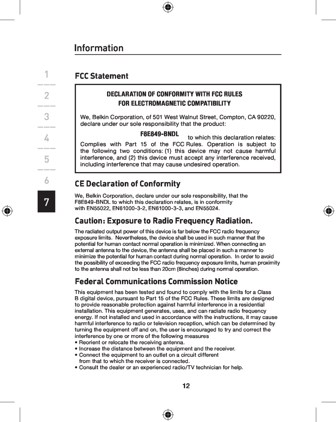 Belkin F8E849-BNDL Information, FCC Statement, CE Declaration of Conformity, Caution Exposure to Radio Frequency Radiation 