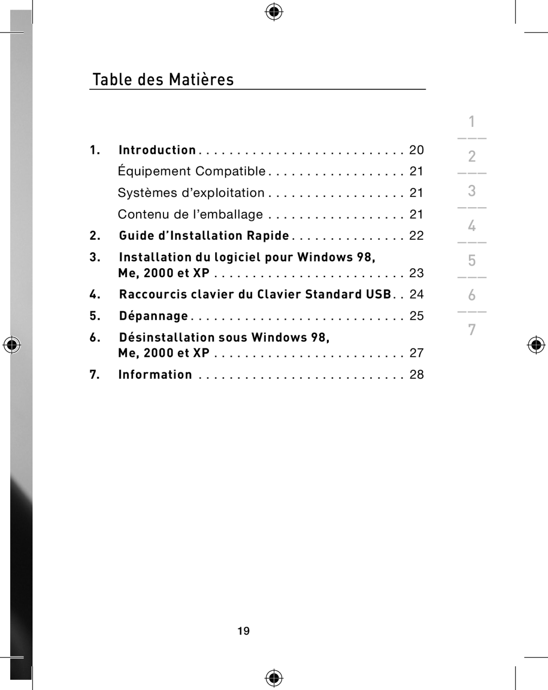 Belkin P74775 Table des Matières, Installation du logiciel pour Windows, 6. Désinstallation sous Windows, Me, 2000 et XP 