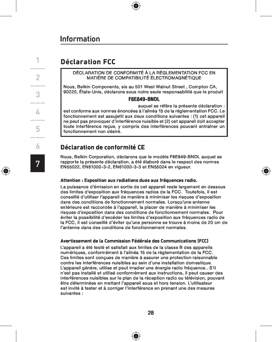Belkin P74775UK user manual Déclaration FCC, Déclaration de conformité CE, Information, F8E849-BNDL 