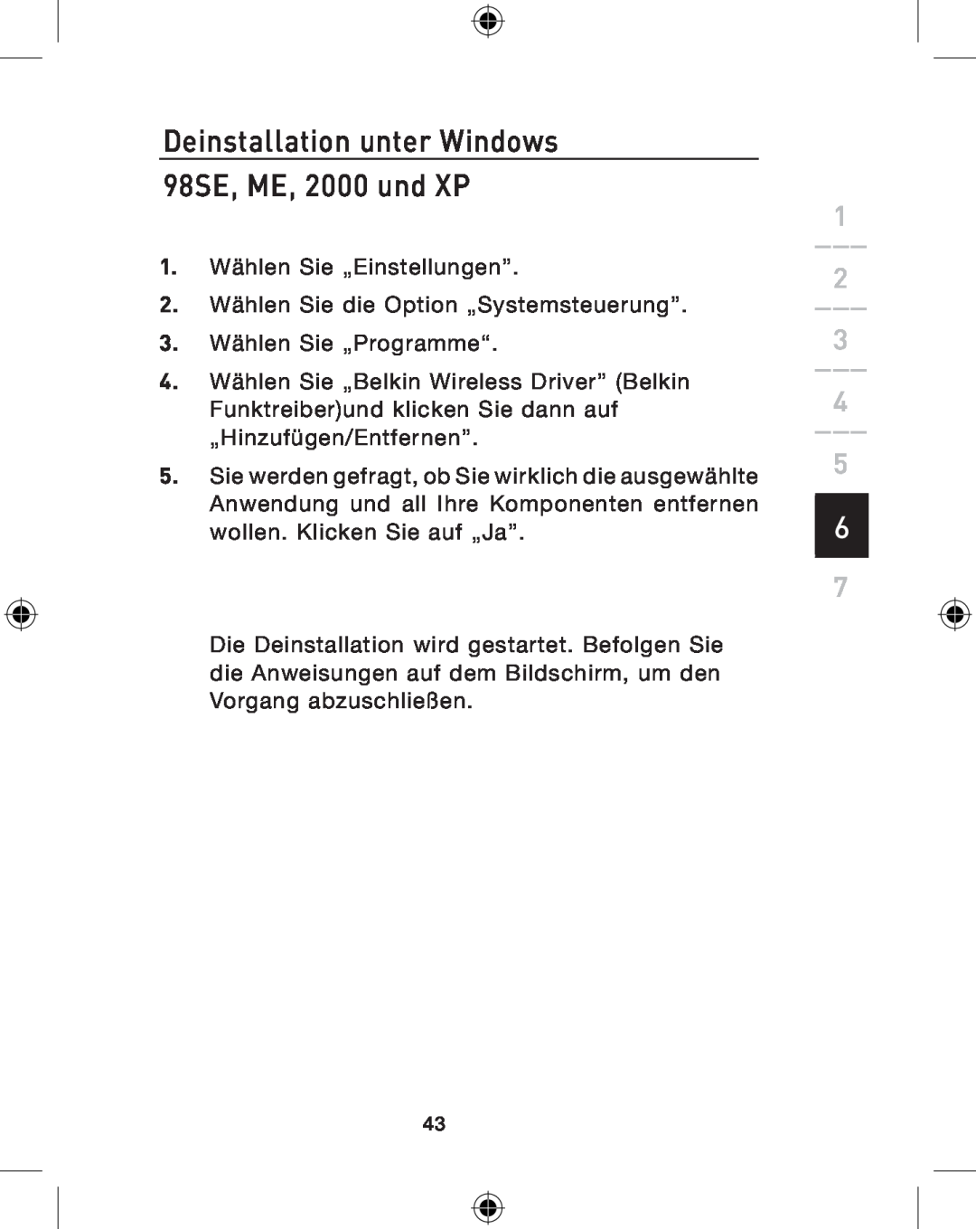 Belkin P74775UK, F8E849-BNDL user manual Deinstallation unter Windows 98SE, ME, 2000 und XP 