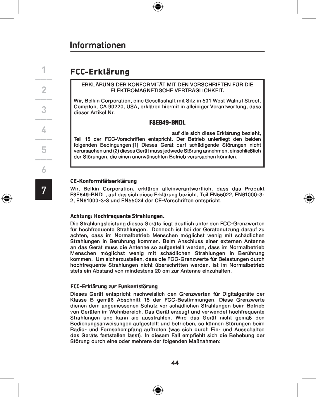 Belkin P74775UK Informationen, FCC-Erklärung, F8E849-BNDL, CE-Konformitätserklärung, Achtung Hochfrequente Strahlungen 