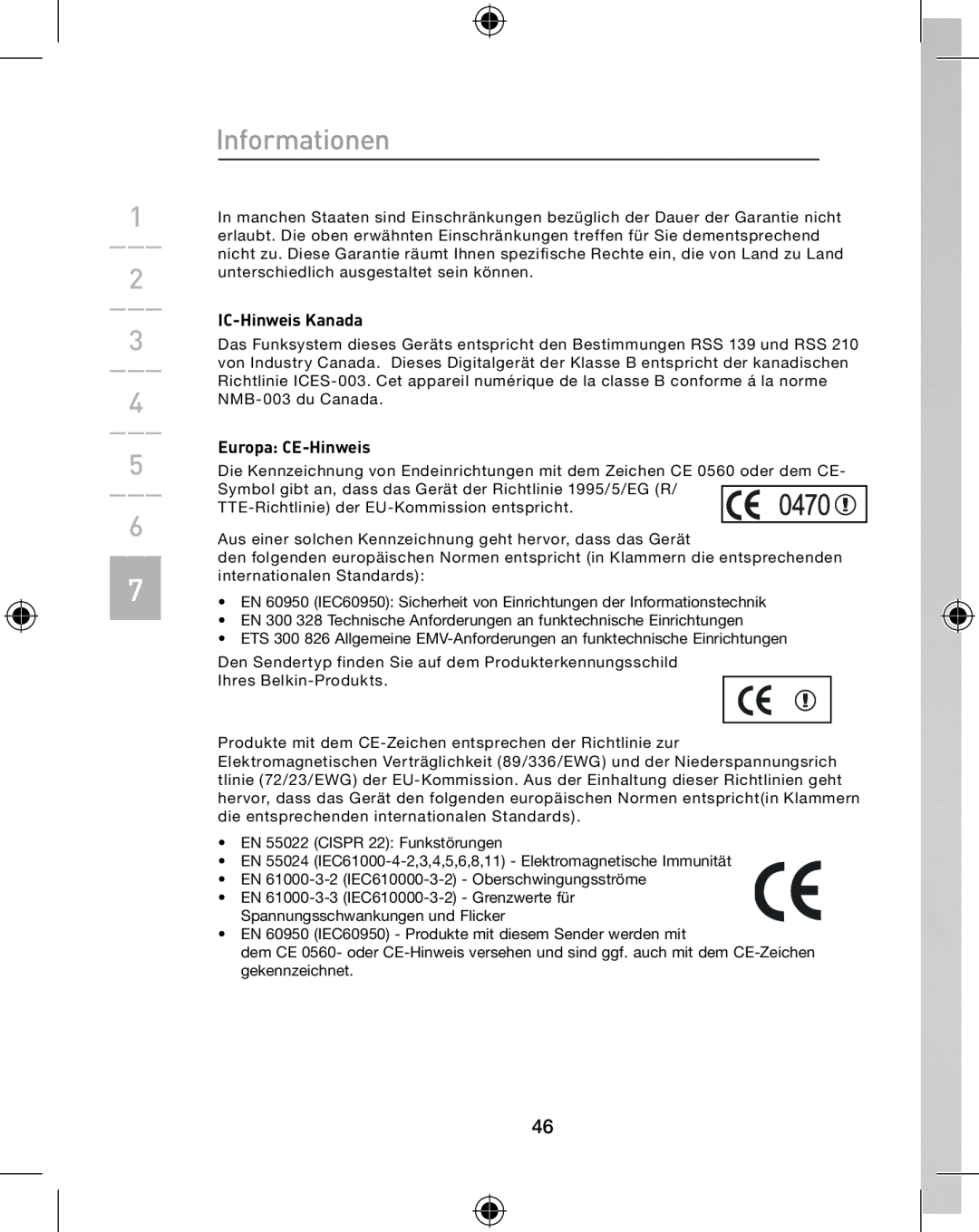 Belkin P74775UK, F8E849-BNDL user manual Informationen, IC-Hinweis Kanada, Europa CE-Hinweis 