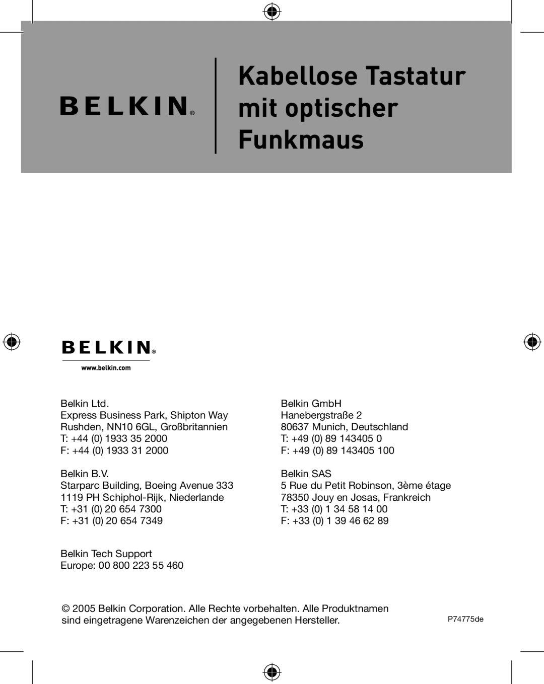 Belkin F8E849-BNDL, P74775UK user manual Kabellose Tastatur mit optischer Funkmaus, P74775de 
