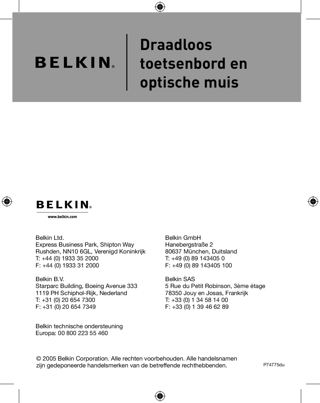 Belkin P74775UK, F8E849-BNDL user manual Draadloos toetsenbord en optische muis, P74775du 