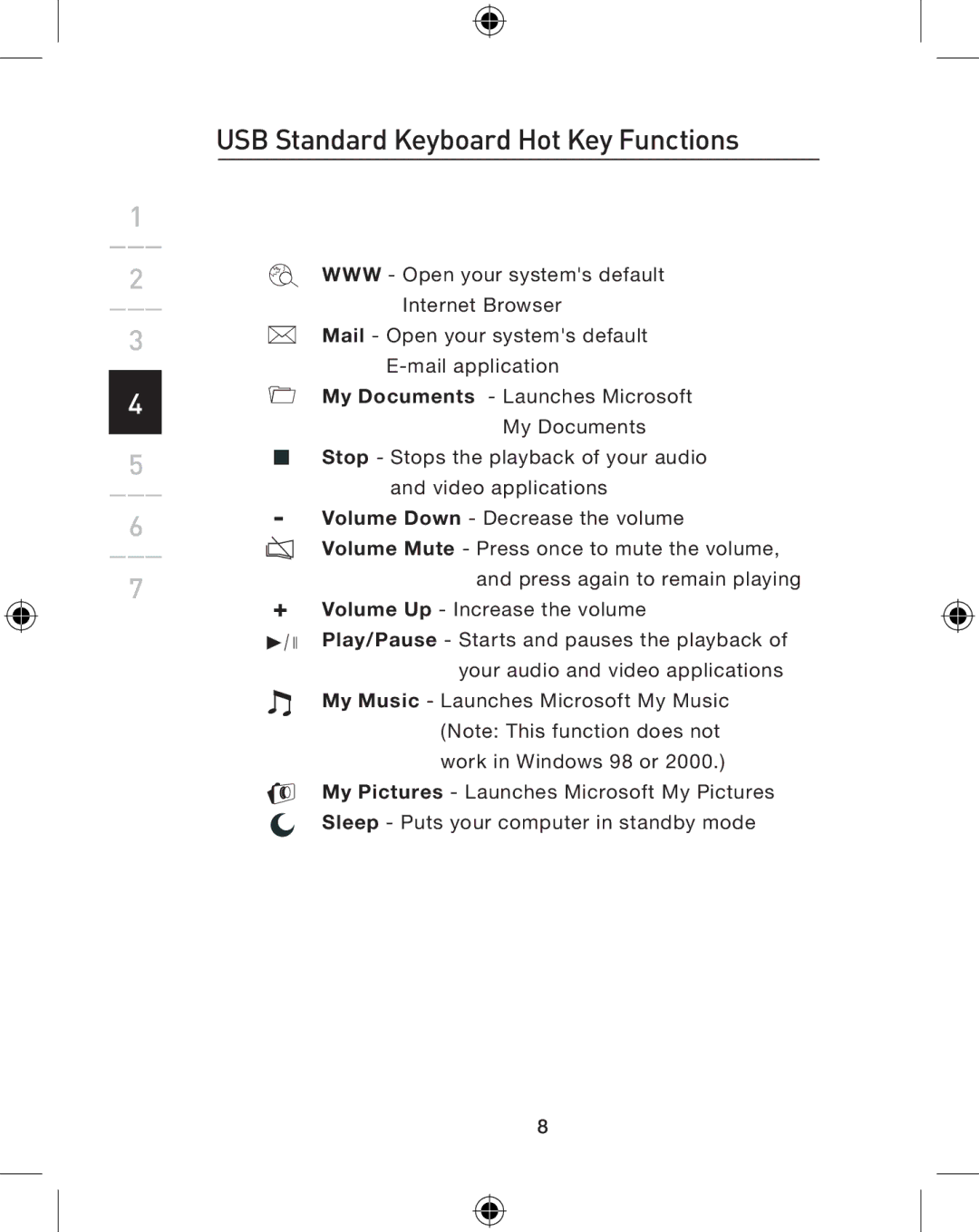 Belkin P74775UK, F8E849-BNDL user manual USB Standard Keyboard Hot Key Functions 