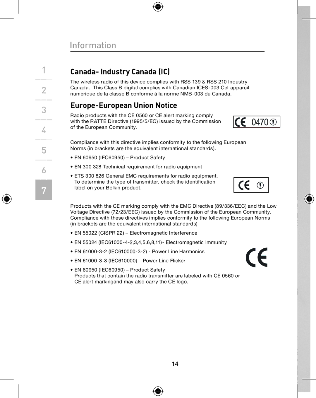 Belkin P74775UK, F8E849-BNDL user manual Canada- Industry Canada IC 