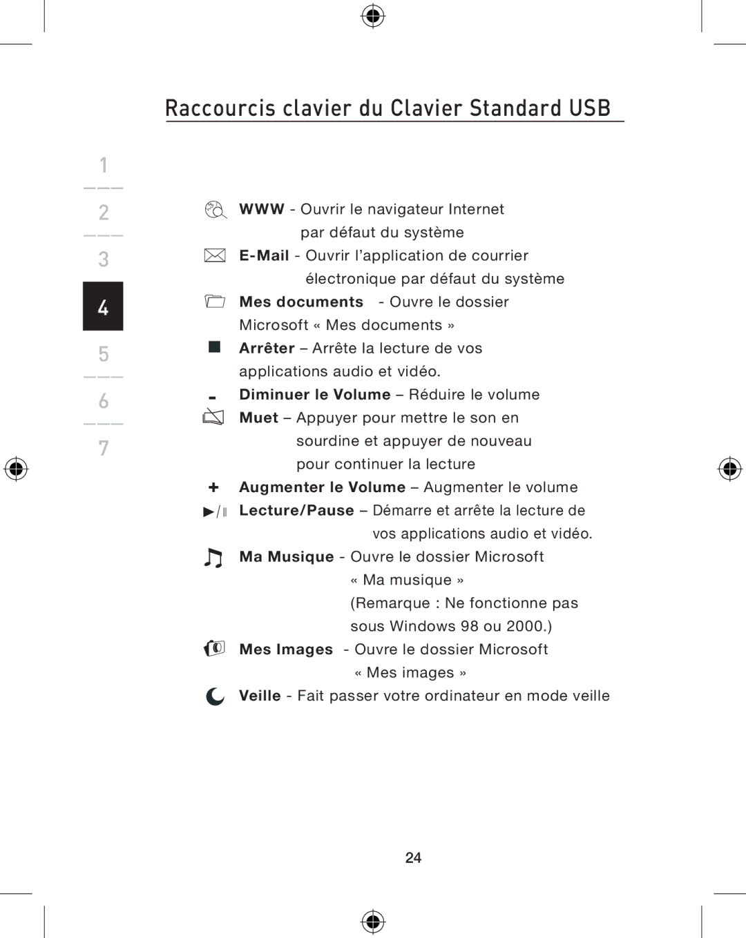 Belkin F8E849-BNDL, P74775UK user manual Raccourcis clavier du Clavier Standard USB 