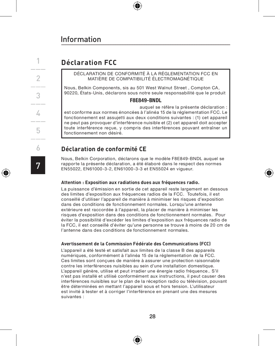 Belkin P74775UK, F8E849-BNDL user manual Déclaration FCC 