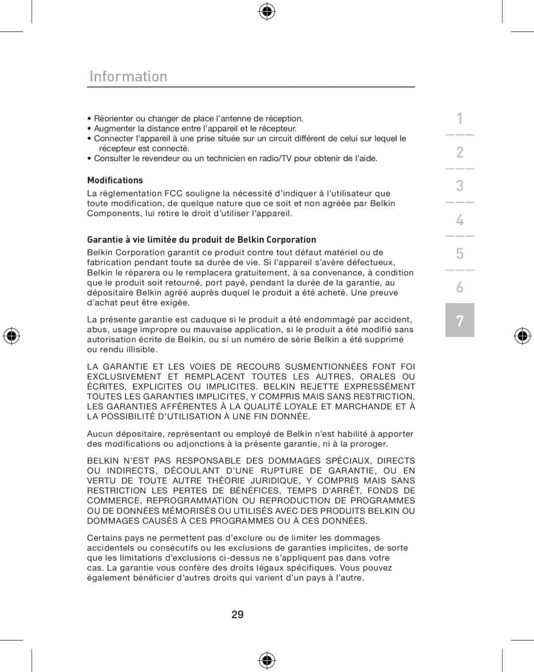 Belkin P74775UK, F8E849-BNDL user manual Modifications, Garantie à vie limitée du produit de Belkin Corporation 