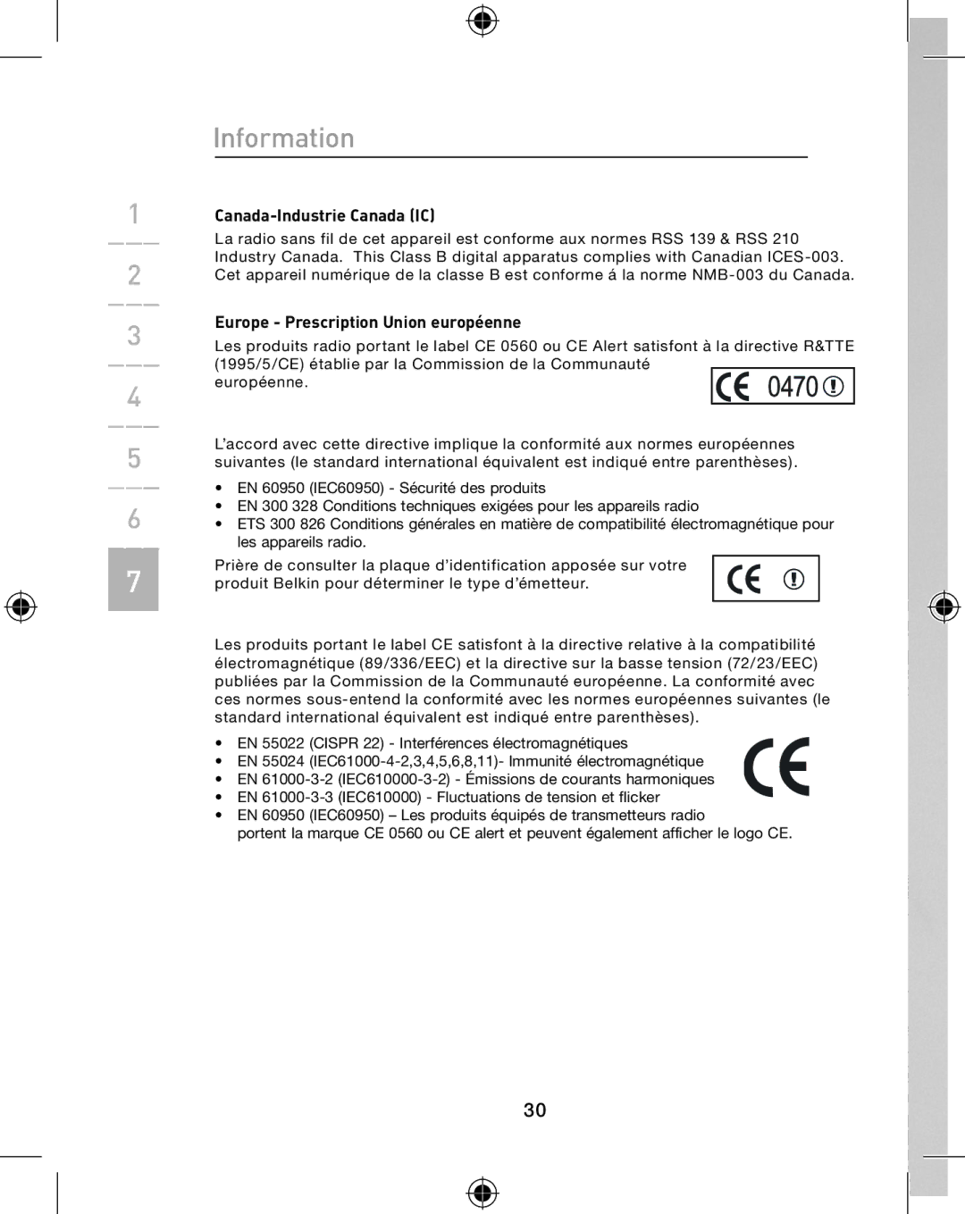 Belkin F8E849-BNDL, P74775UK user manual Canada-Industrie Canada IC, Europe Prescription Union européenne 