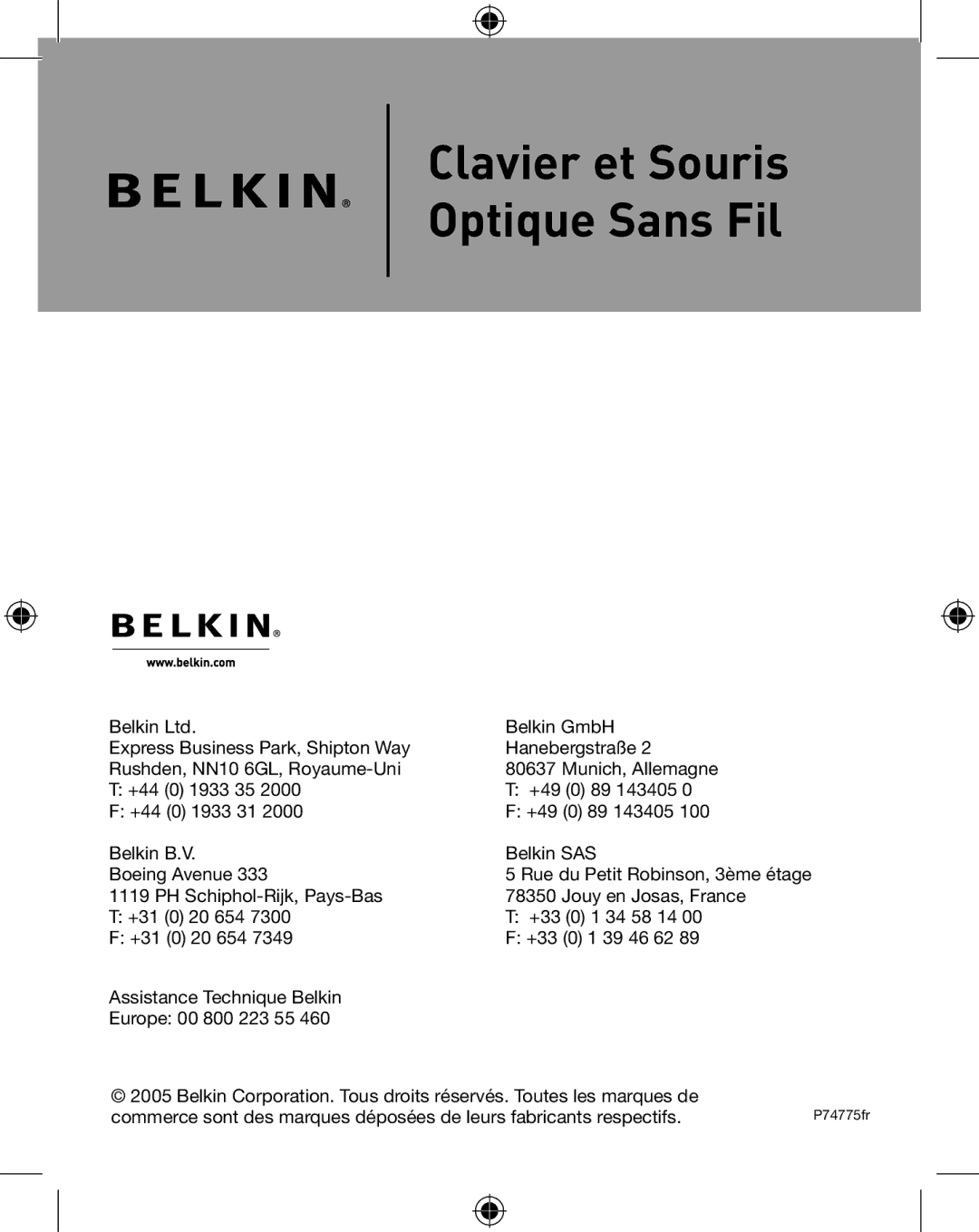 Belkin P74775UK, F8E849-BNDL user manual Clavier et Souris Optique Sans Fil 