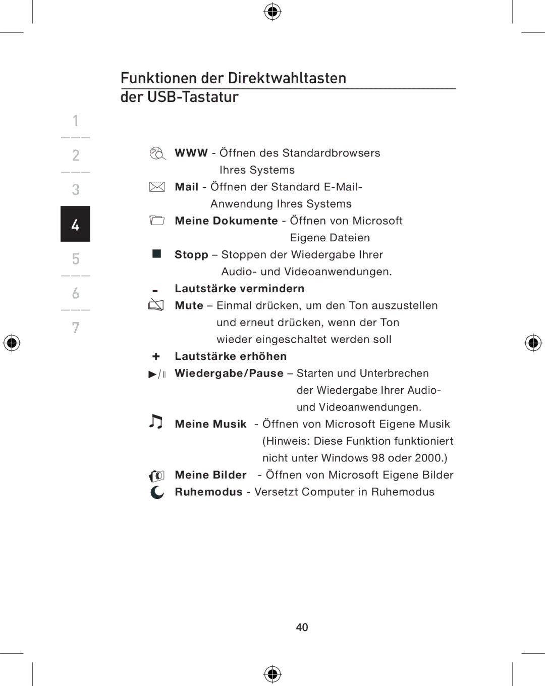 Belkin P74775UK, F8E849-BNDL user manual Funktionen der Direktwahltasten der USB-Tastatur 