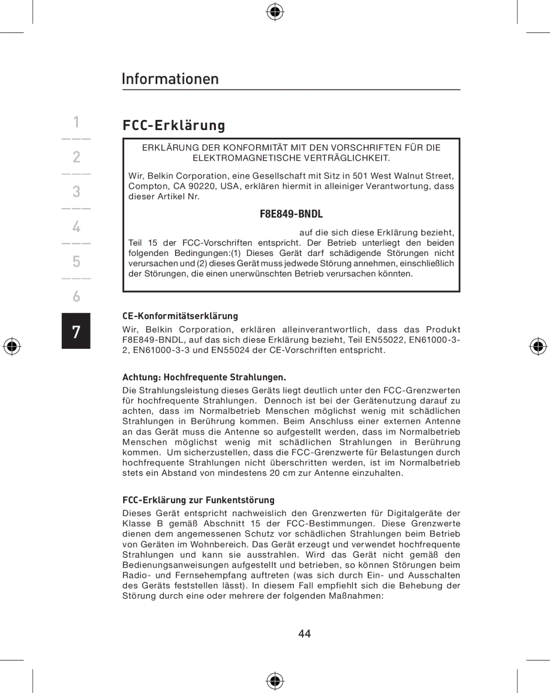 Belkin P74775UK, F8E849-BNDL CE-Konformitätserklärung, Achtung Hochfrequente Strahlungen, FCC-Erklärung zur Funkentstörung 