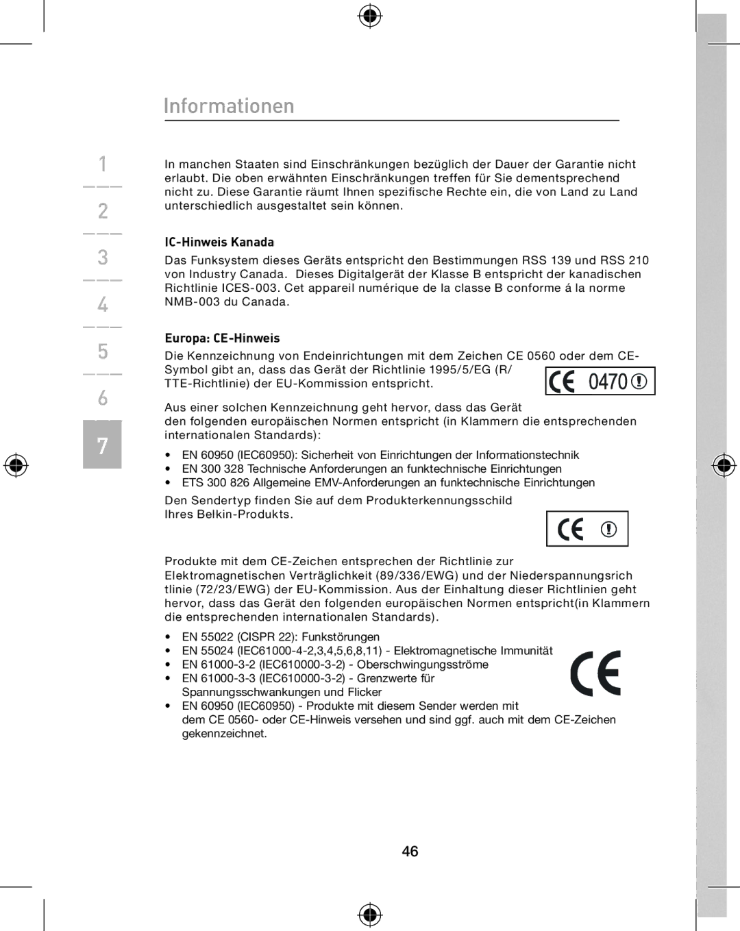 Belkin P74775UK, F8E849-BNDL user manual IC-Hinweis Kanada, Europa CE-Hinweis 