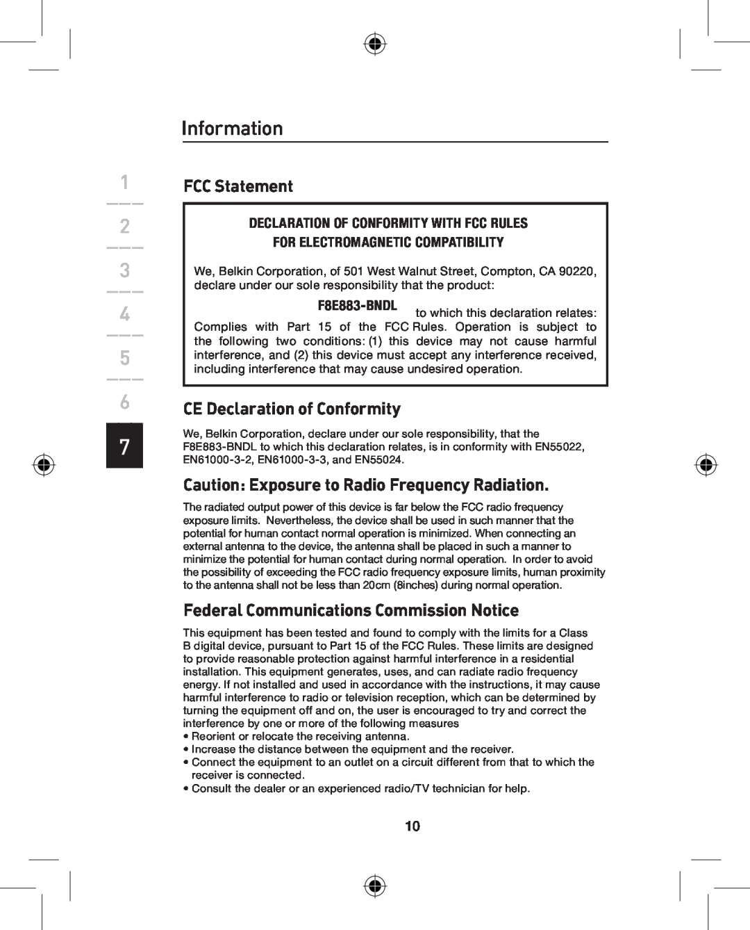 Belkin P74782UK Information, FCC Statement, CE Declaration of Conformity, Caution Exposure to Radio Frequency Radiation 