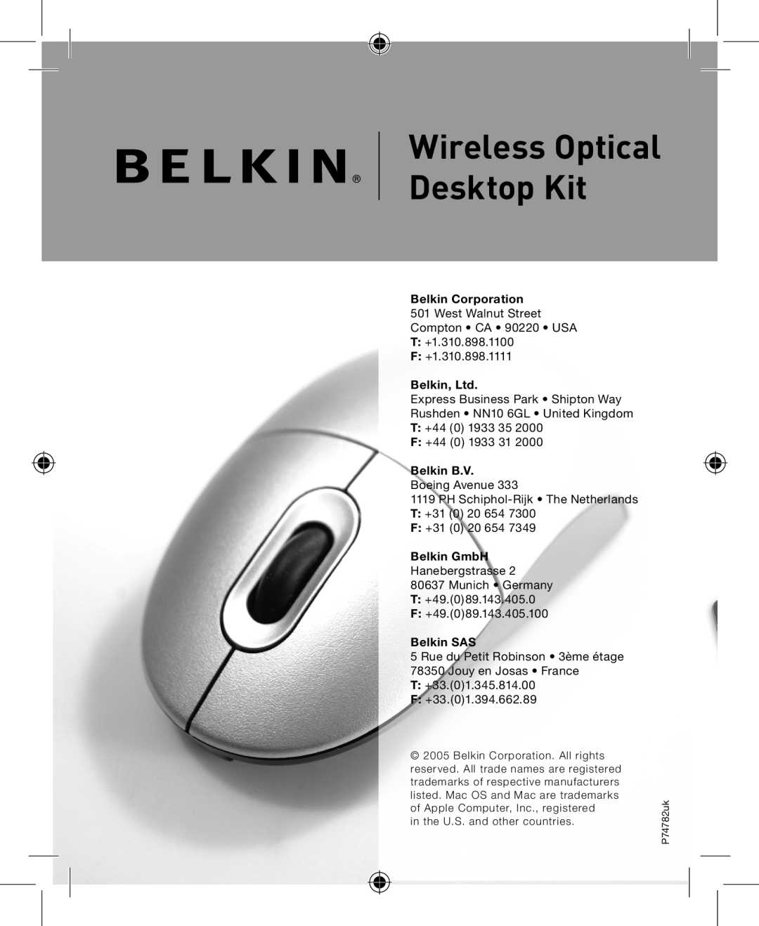 Belkin P74782UK, F8E883UK user manual Wireless Optical Desktop Kit, Belkin Corporation, Belkin B.V, Belkin GmbH, Belkin SAS 
