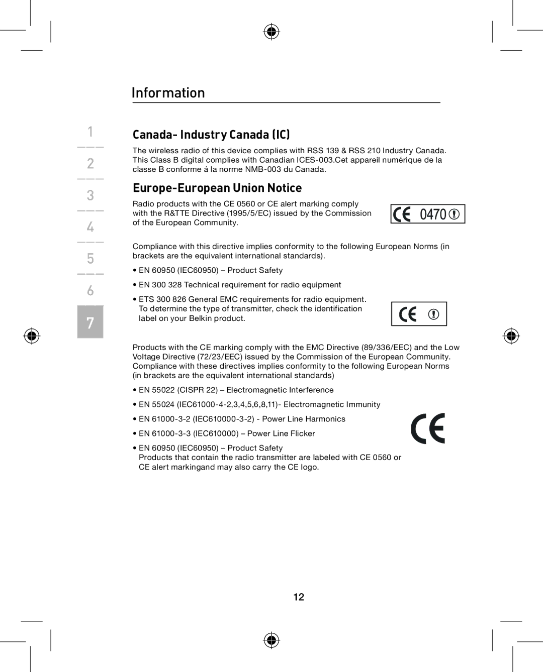 Belkin P74782UK, F8E883UK user manual Canada- Industry Canada IC 