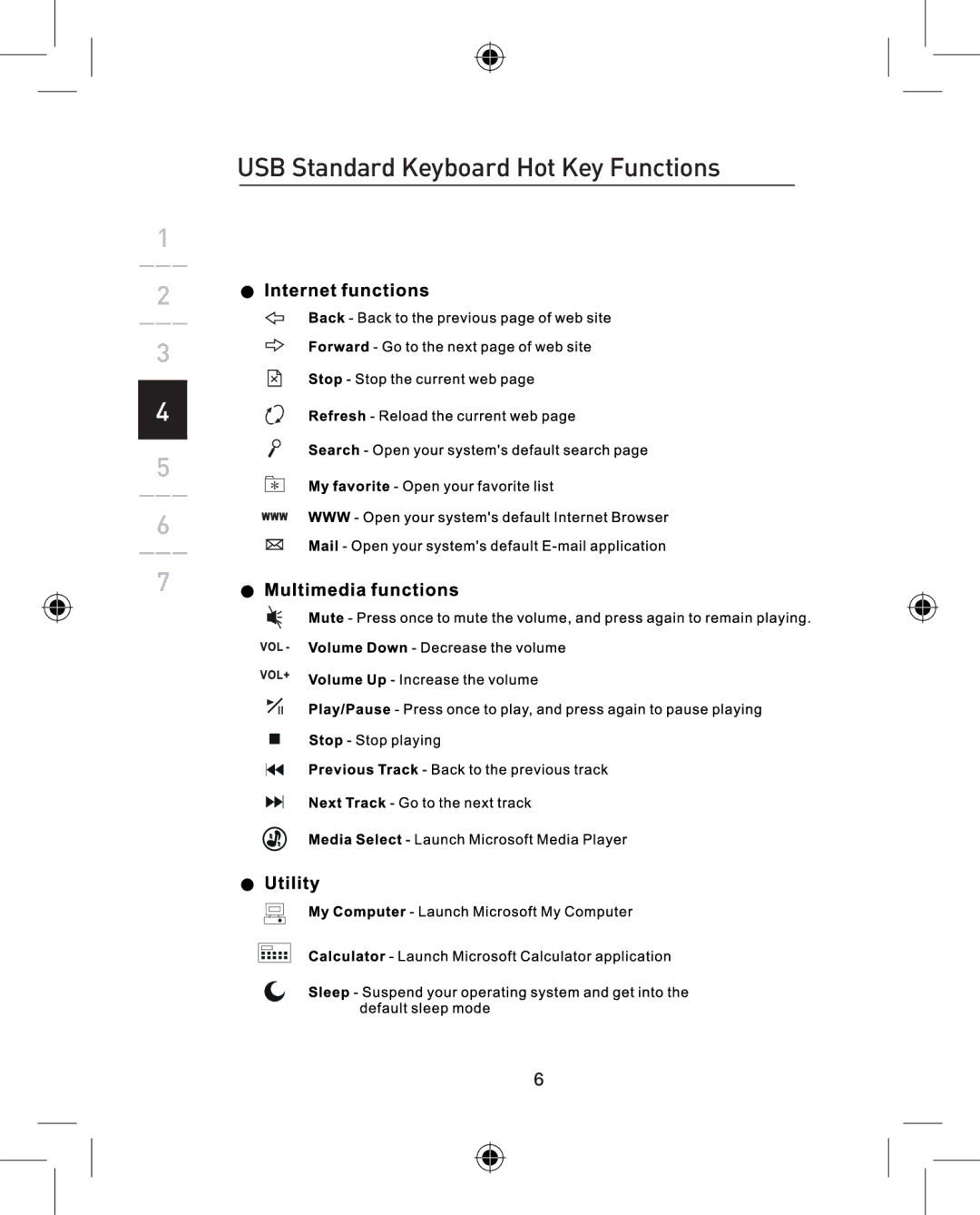 Belkin P74782UK, F8E883UK user manual USB Standard Keyboard Hot Key Functions 