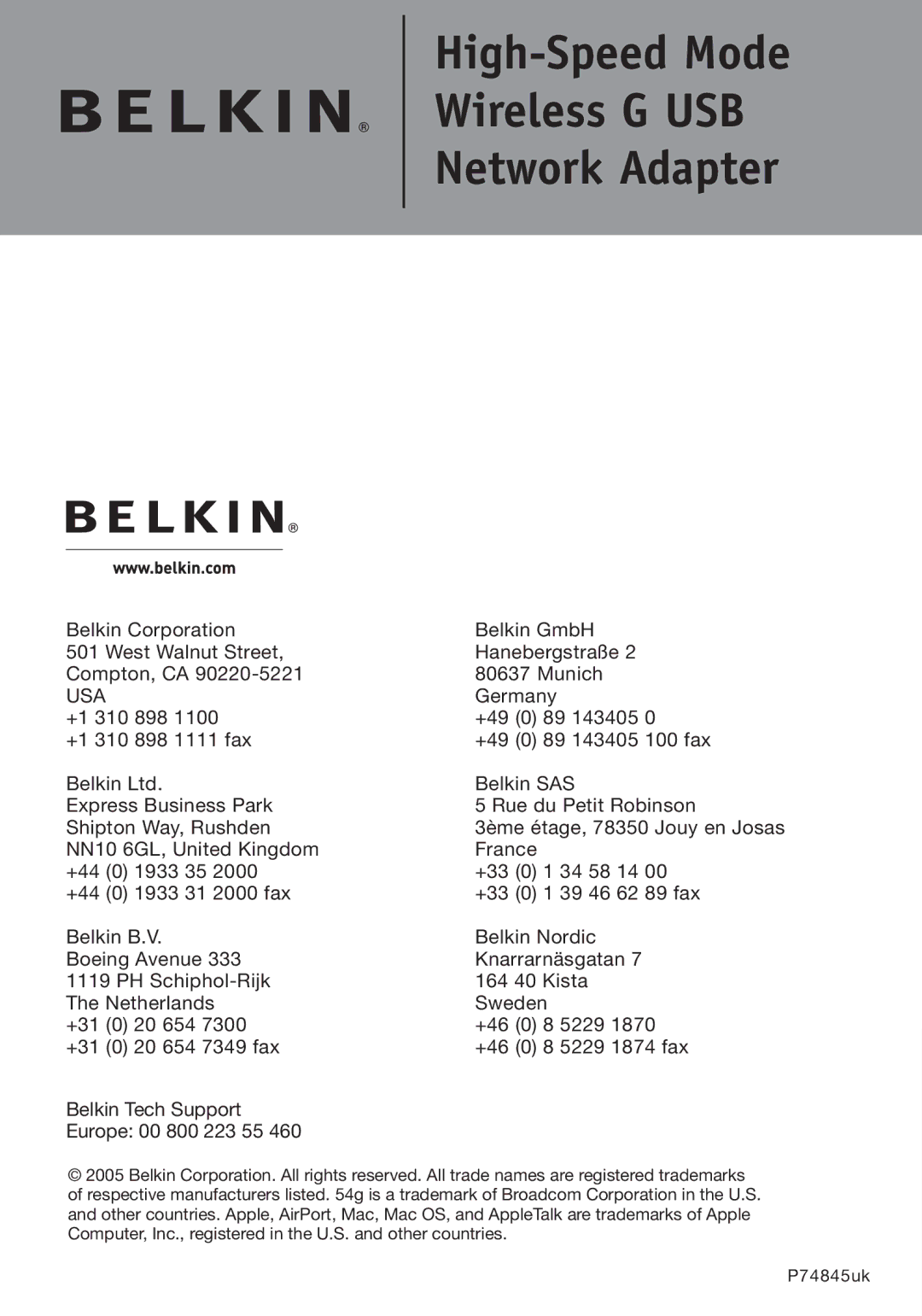 Belkin P74845UK manual High-Speed Mode Wireless G USB Network Adapter 