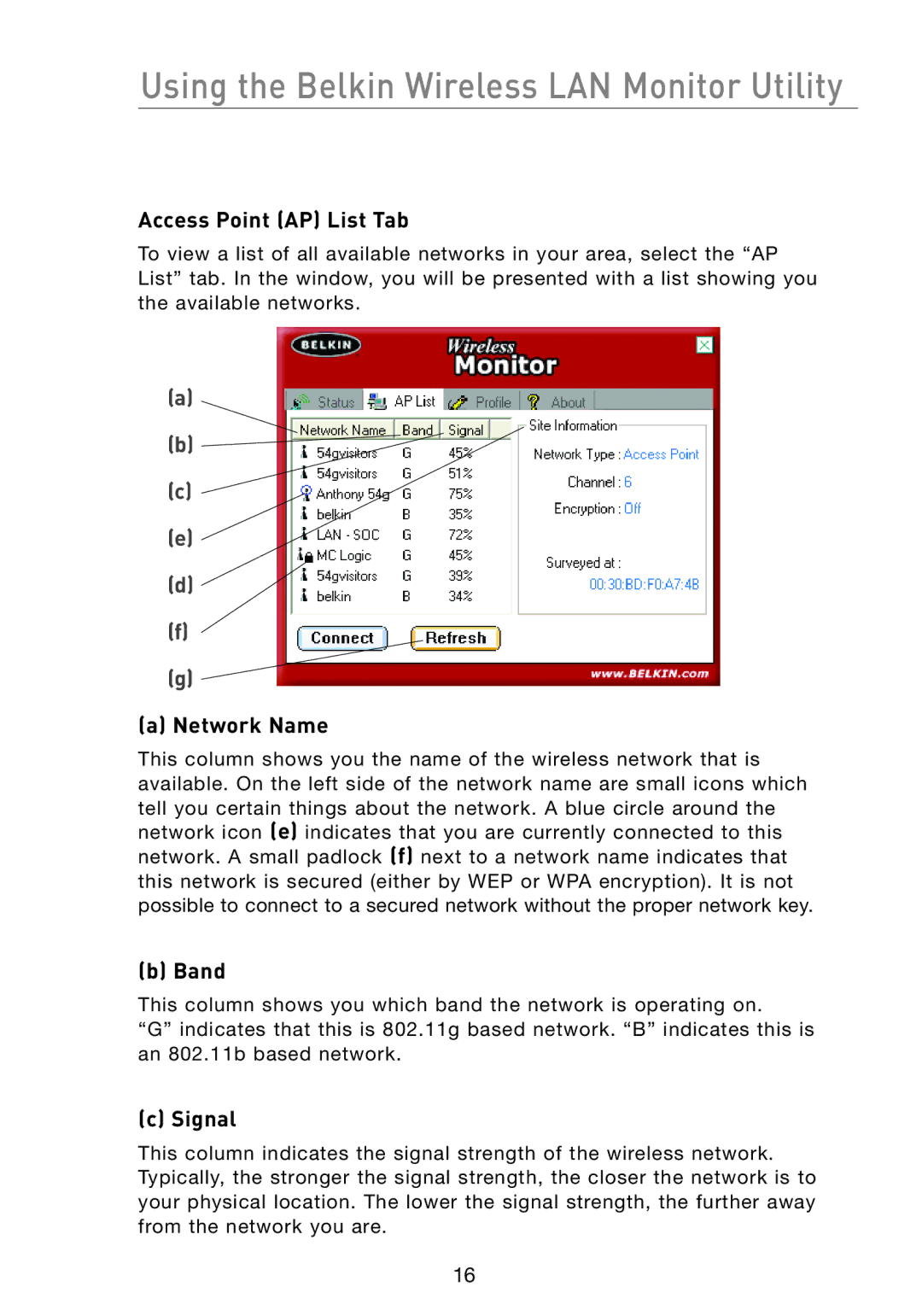 Belkin P74845UK manual Using the Belkin Wireless LAN Monitor Utility, Access Point AP List Tab, Network Name, Band, Signal 