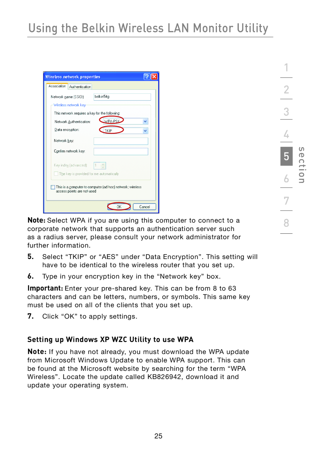 Belkin P74845UK manual Setting up Windows XP WZC Utility to use WPA 