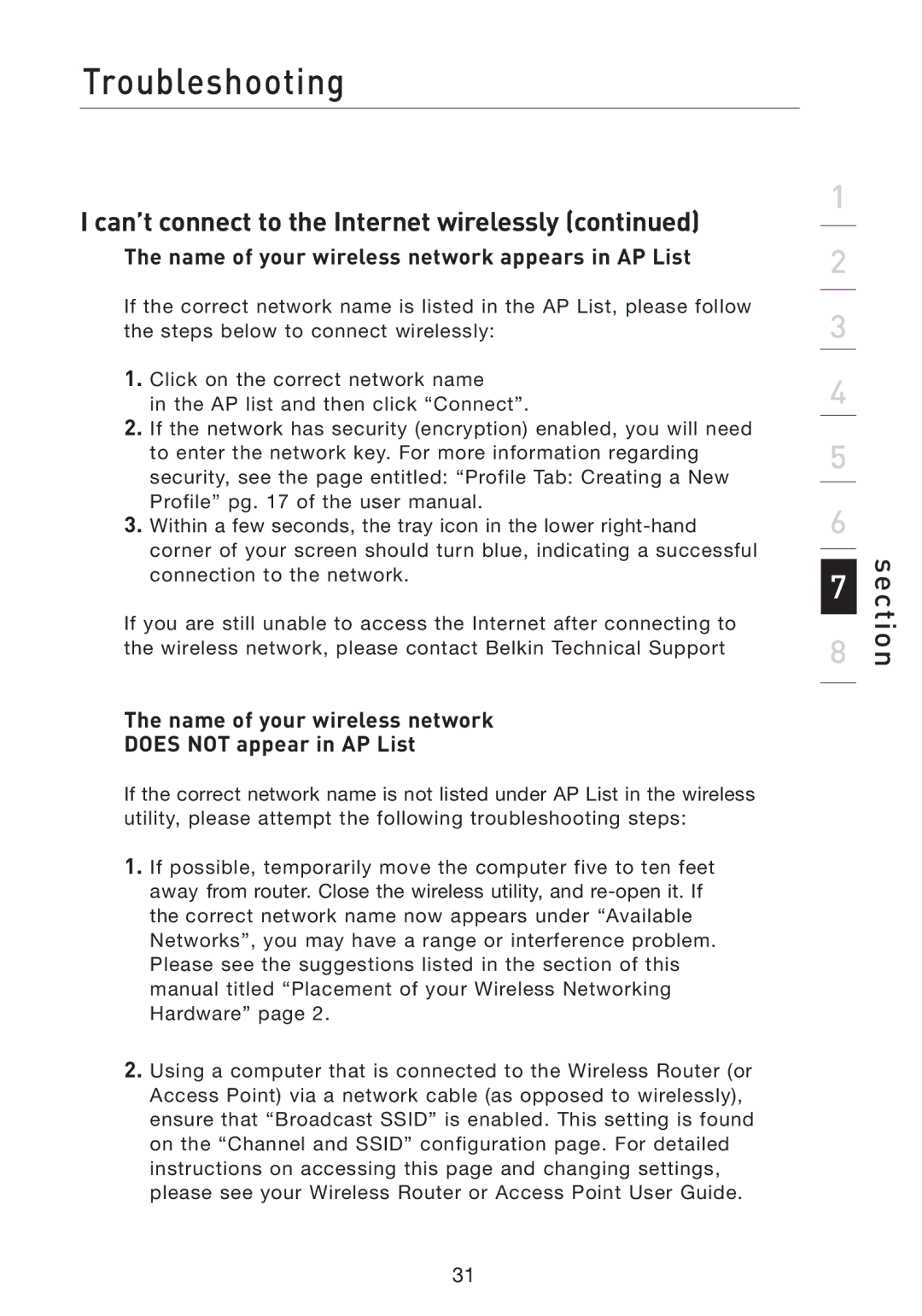 Belkin P74845UK Name of your wireless network appears in AP List, Name of your wireless network Does not appear in AP List 