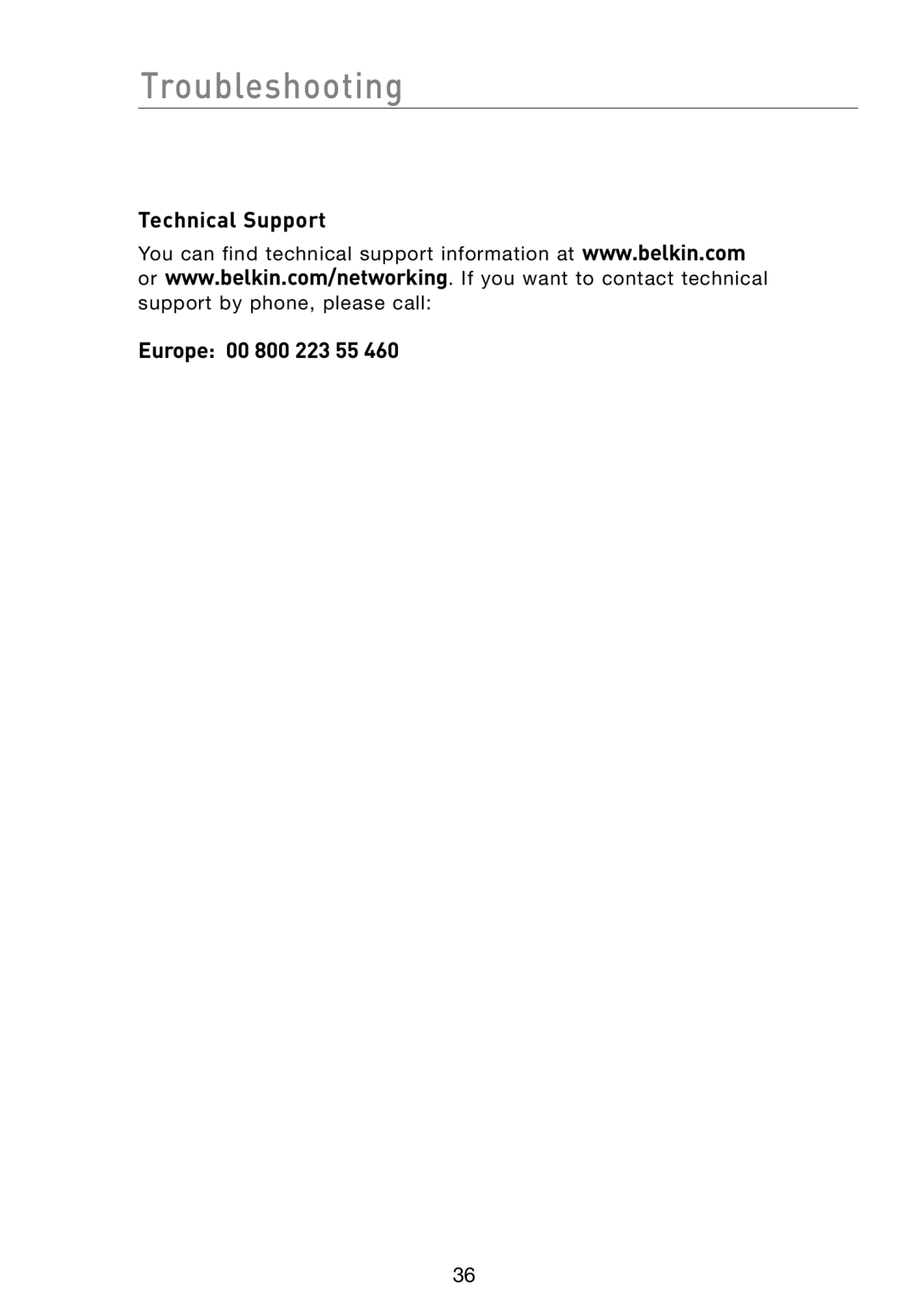 Belkin P74845UK manual Technical Support, Europe 00 800 223 55 