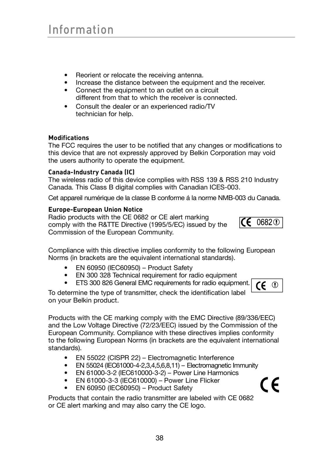 Belkin P74845UK manual Information, Modifications, Canada-Industry Canada IC, Europe-European Union Notice 
