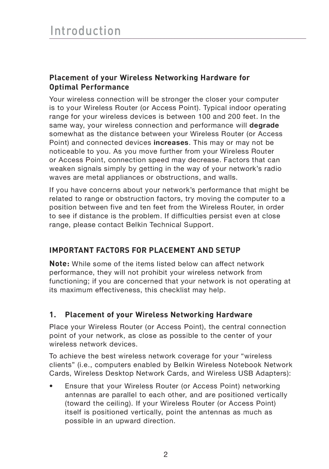 Belkin P74845UK manual Introduction, Placement of your Wireless Networking Hardware 