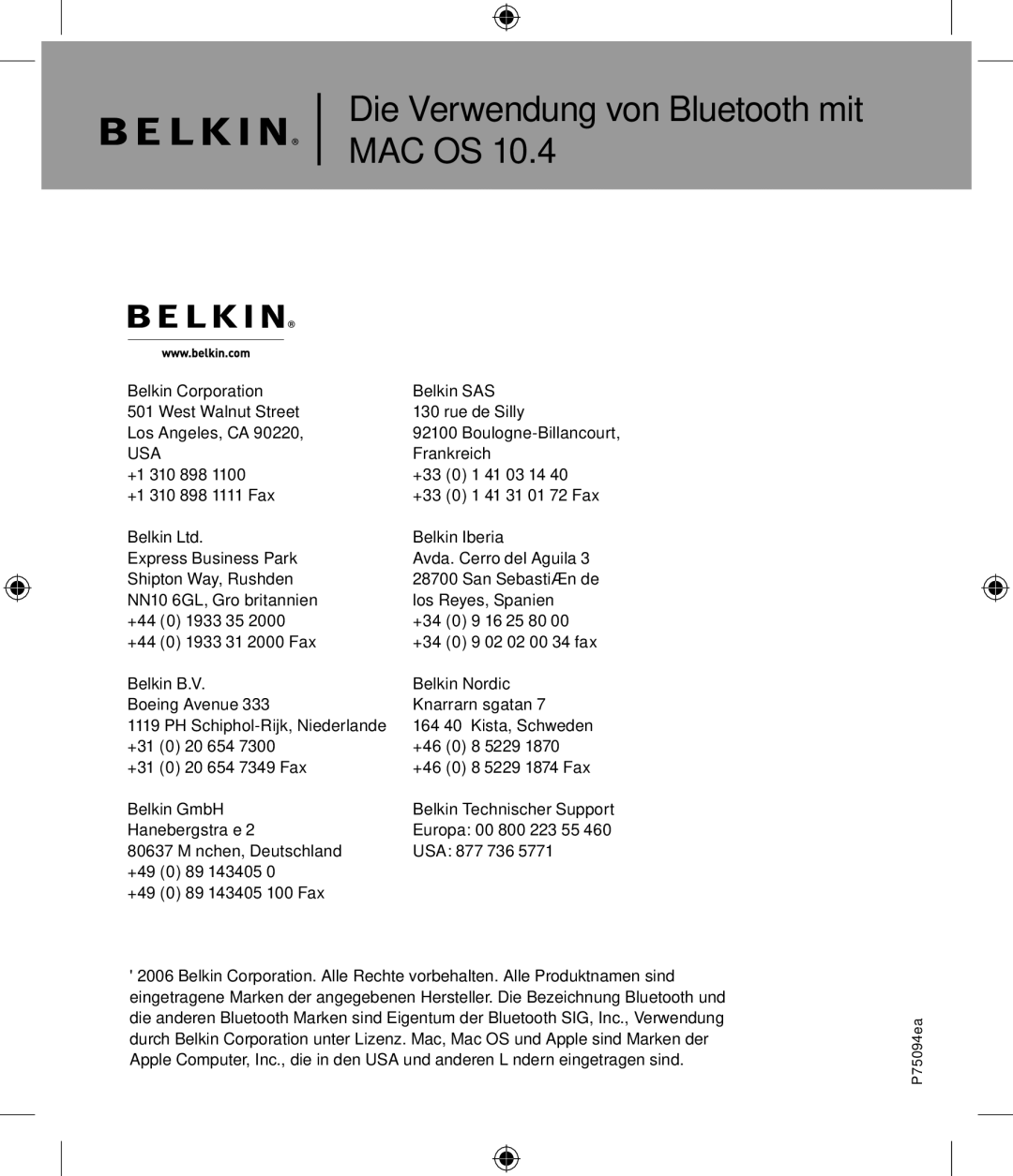 Belkin P75094EA manual Die Verwendung von Bluetooth mit MAC OS 