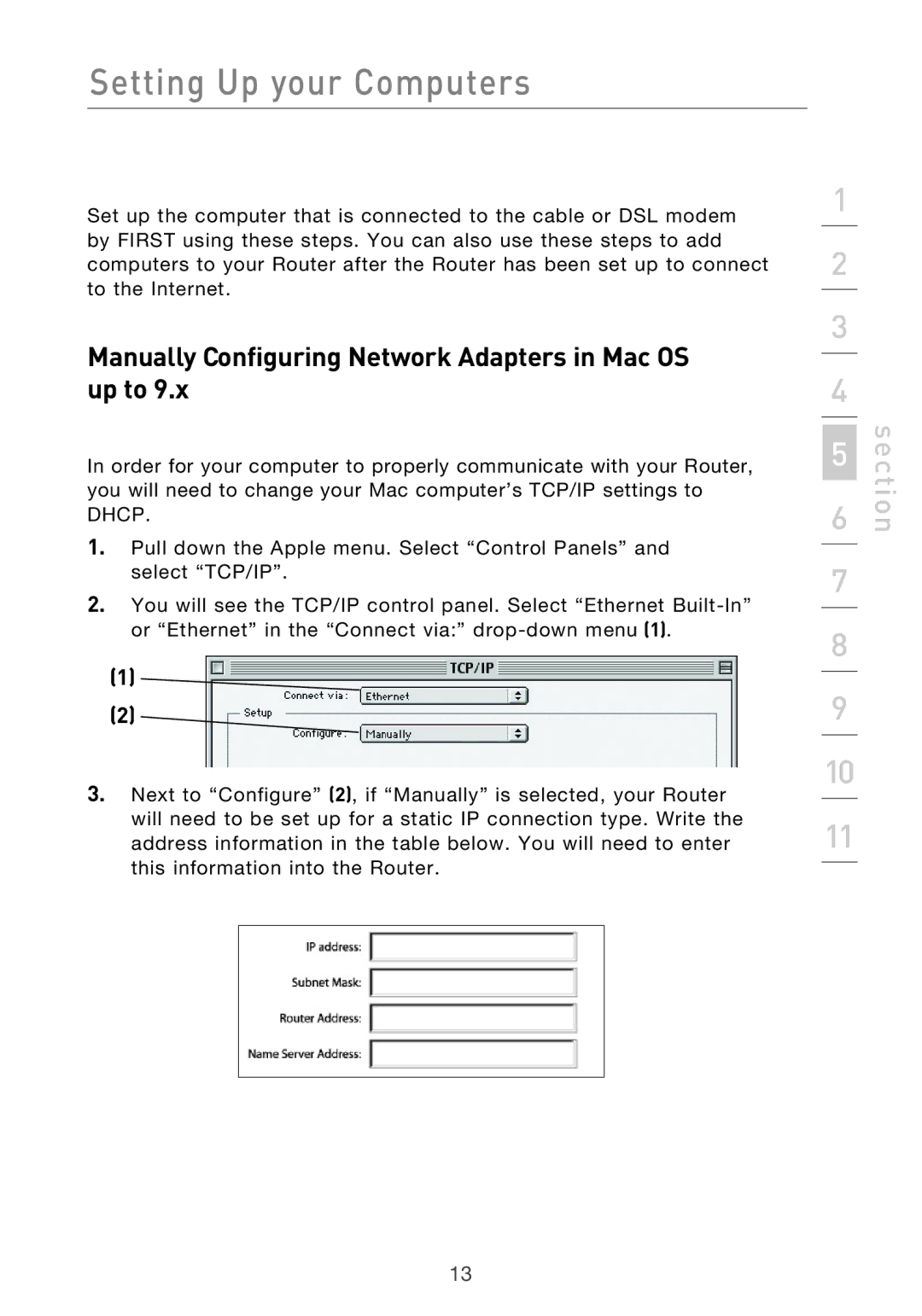 Belkin P75125UK manual Manually Configuring Network Adapters in Mac OS up to 