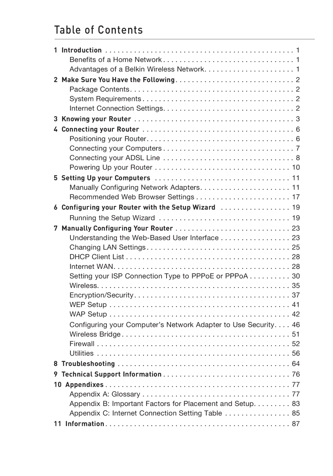 Belkin P75125UK manual Table of Contents 