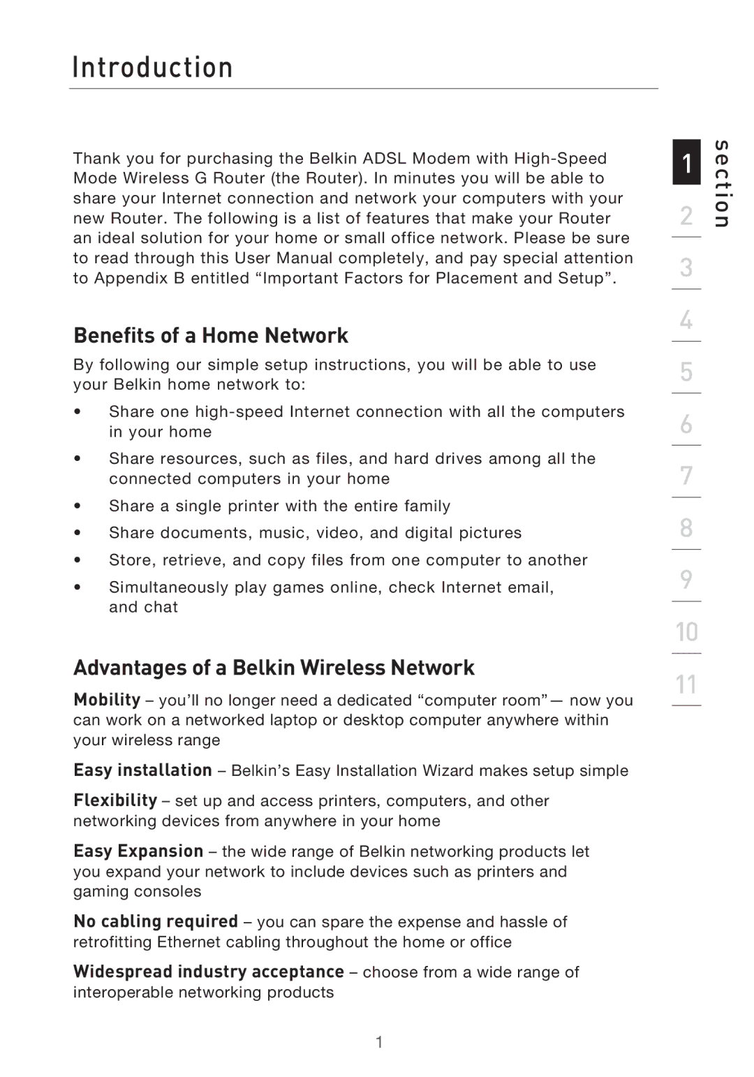 Belkin P75125UK manual Introduction, Benefits of a Home Network, Advantages of a Belkin Wireless Network 