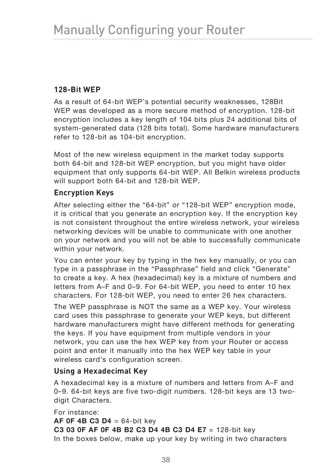 Belkin P75125UK manual Encryption Keys, Using a Hexadecimal Key 