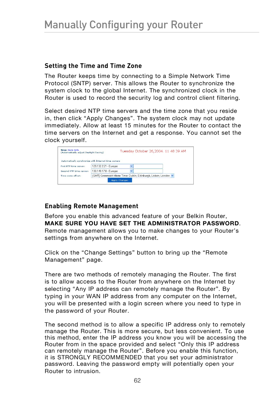 Belkin P75125UK manual Setting the Time and Time Zone, Enabling Remote Management 