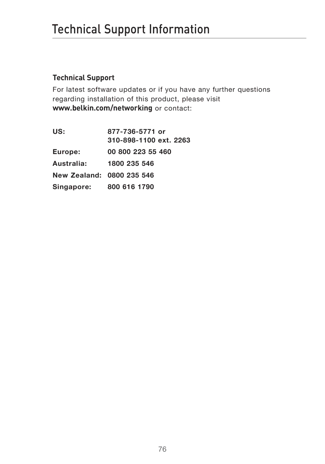 Belkin P75125UK manual Technical Support Information 