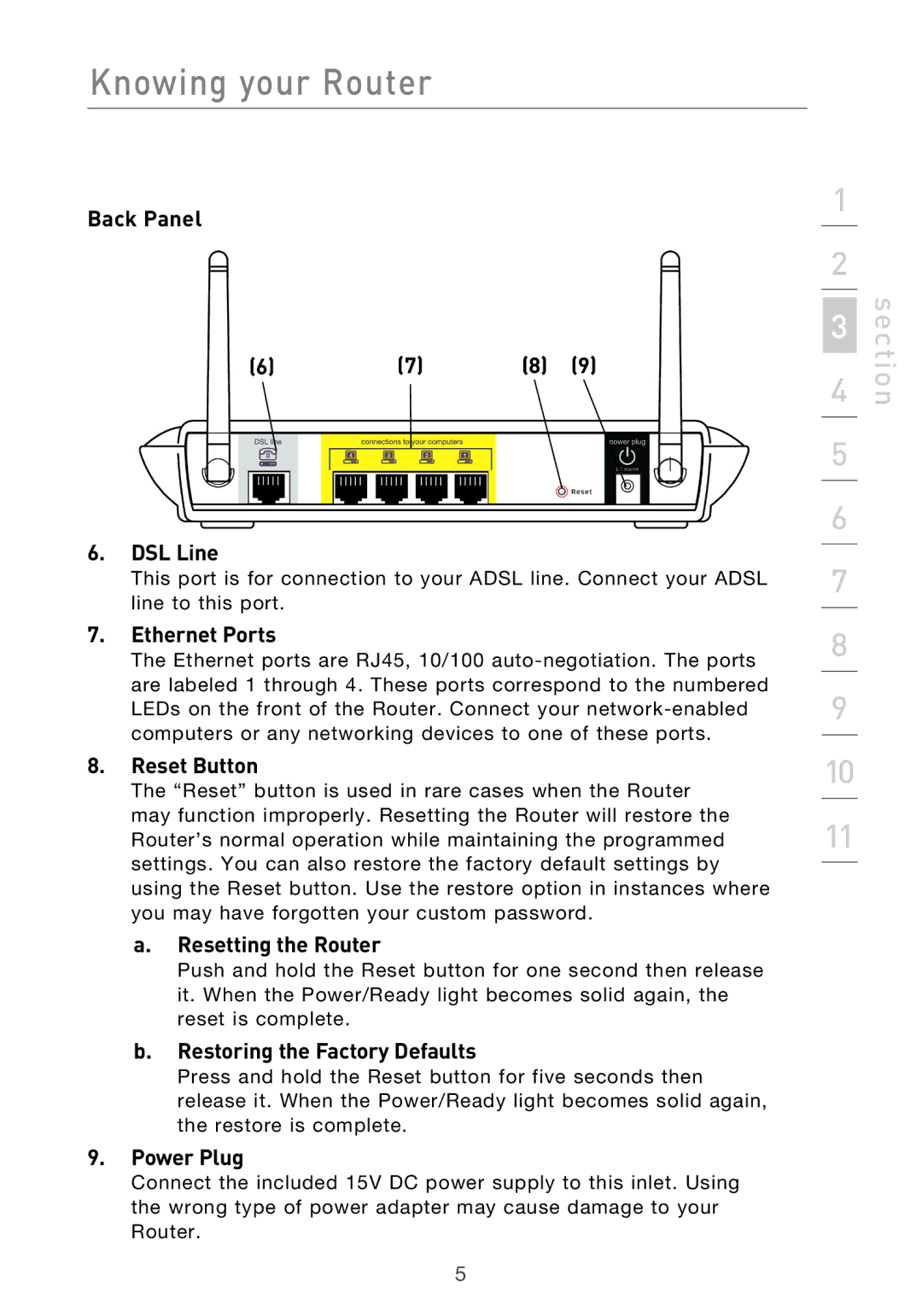 Belkin P75125UK Back Panel DSL Line, Ethernet Ports, Reset Button, Resetting the Router, Restoring the Factory Defaults 