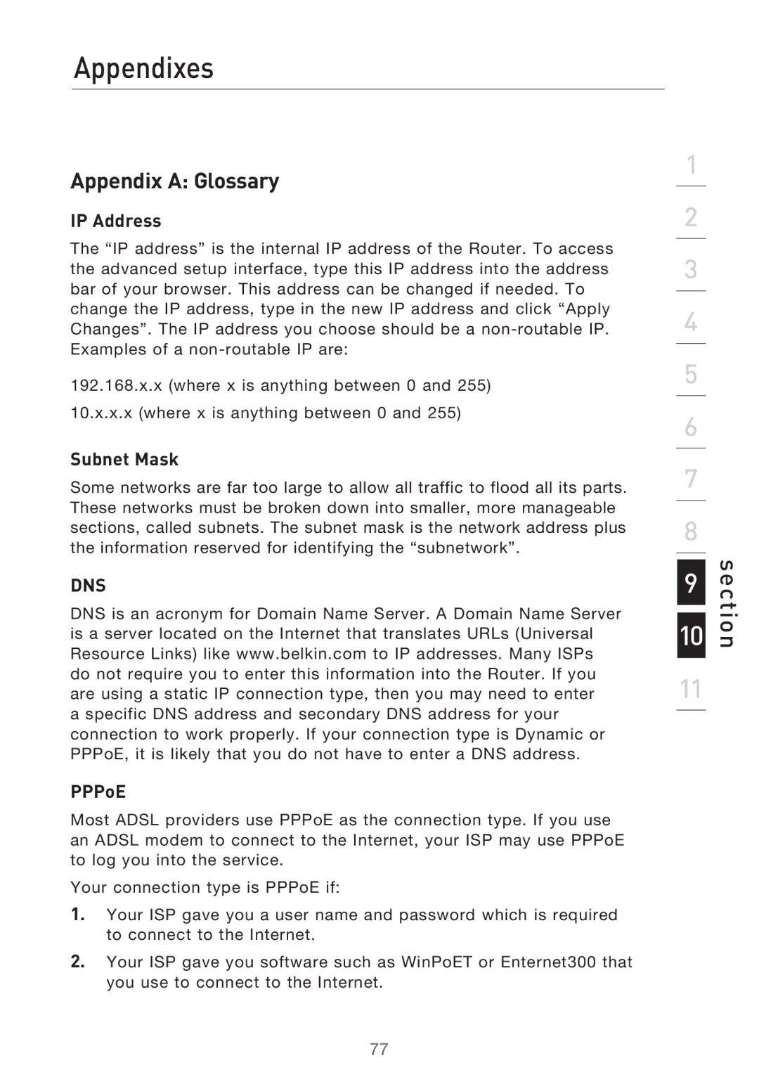 Belkin P75125UK manual Appendixes, Appendix a Glossary, PPPoE 