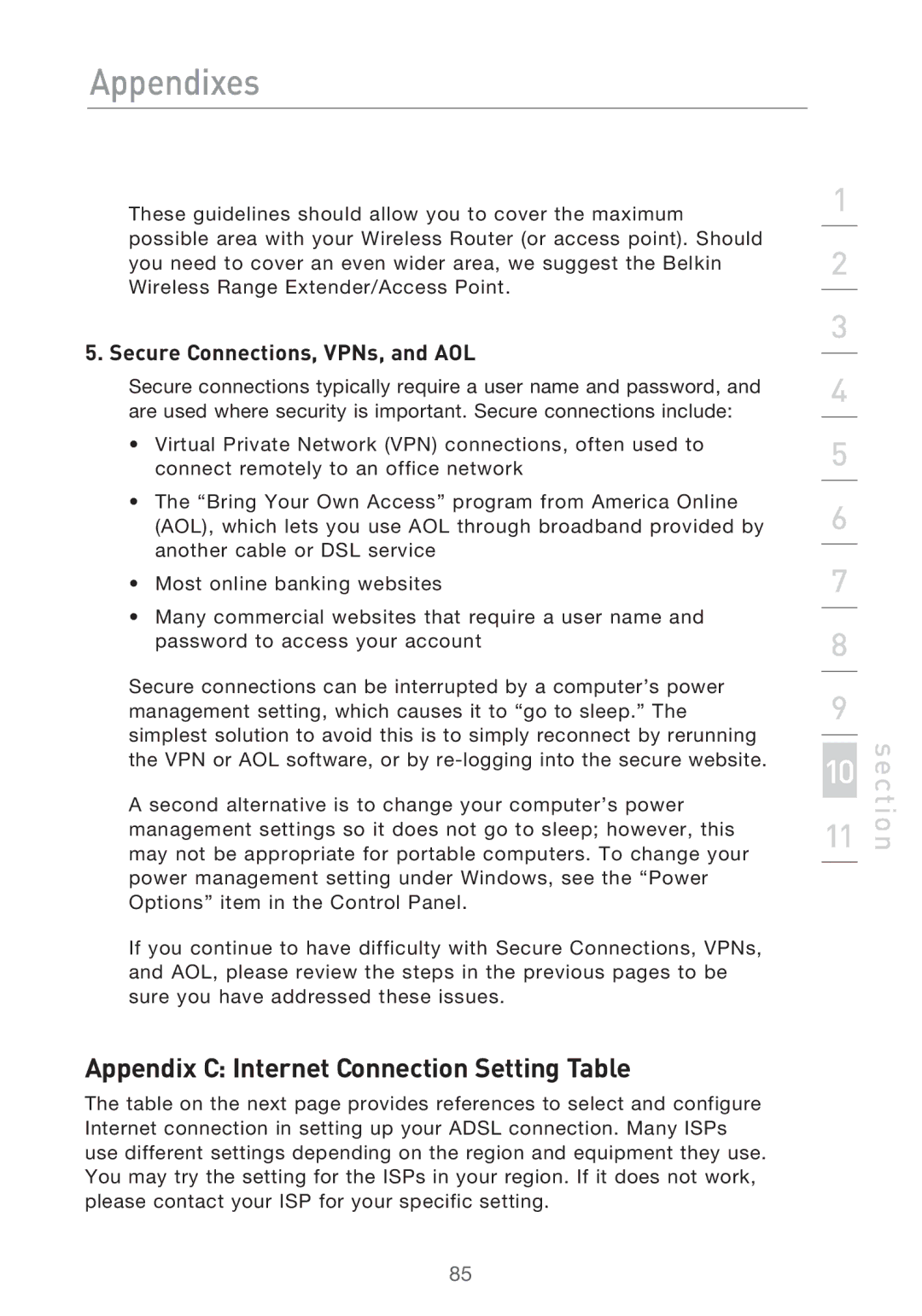 Belkin P75125UK manual Appendix C Internet Connection Setting Table, Secure Connections, VPNs, and AOL 